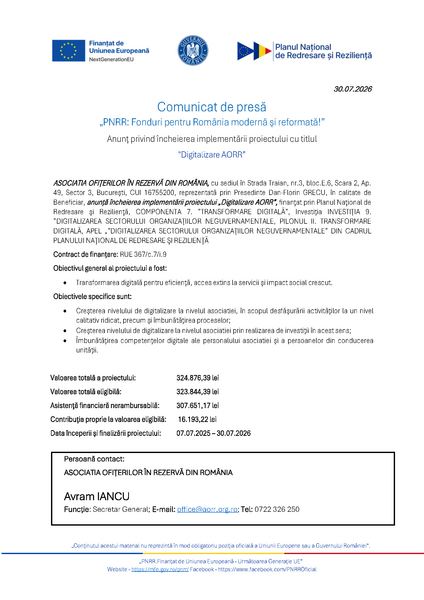 Anuntam incheierea implementarii proiectului „Digitalizare AORR”,